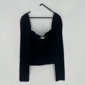 Self-Portrait Black Sweetheart Ribbed Knit Long Sleeve Top